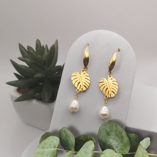 Golden Elegance White Freshwater Pearl & Monstera Leaf Dangle Earrings