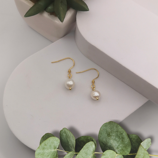 White Freshwater Pearl Gold Stainless Steel Drop Earrings