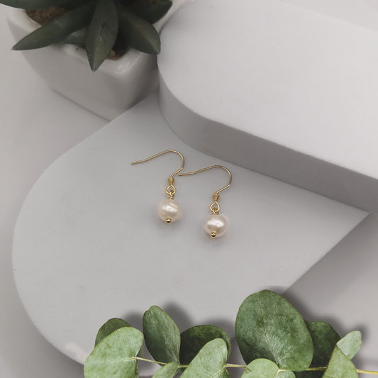 White Freshwater Pearl Gold Stainless Steel Drop Earrings