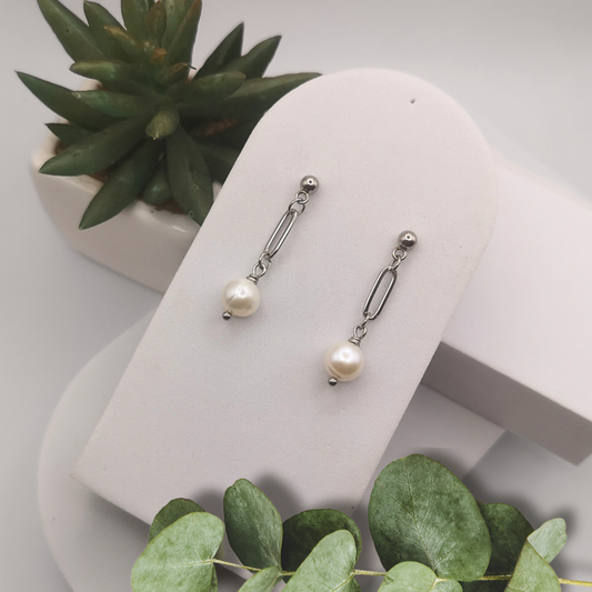 White Freshwater Pearl Stainless Steel Drop Earrings