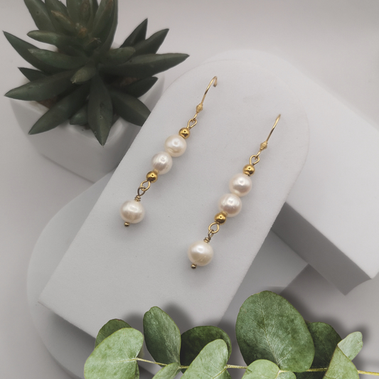 White Freshwater Pearls Gold Stainless Steel Dangle Earrings