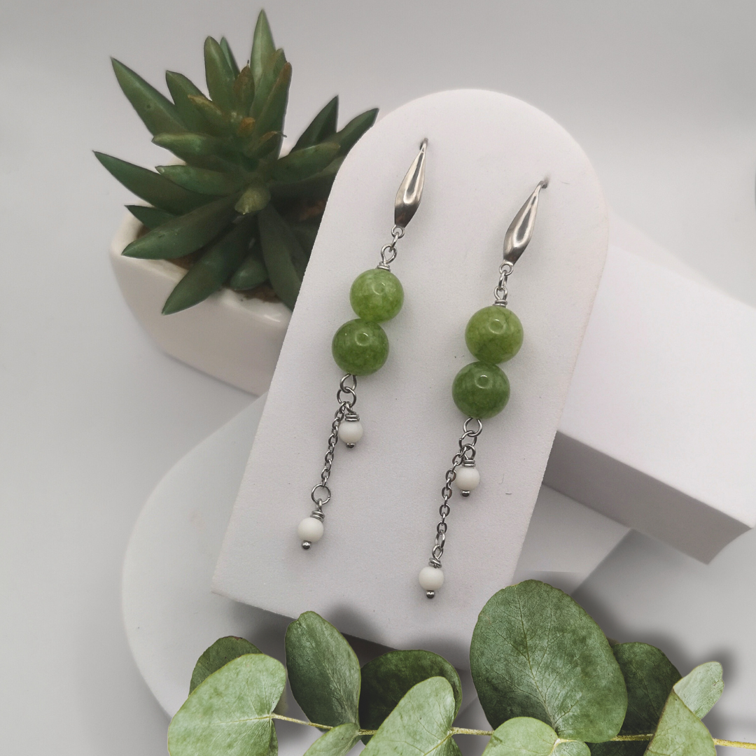 Peridot And Natural White Stone Stainless Steel Dangle Earrings