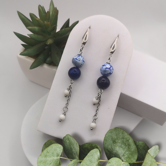 Blue Agate And Natural White Stone Stainless Steel Dangle Earrings