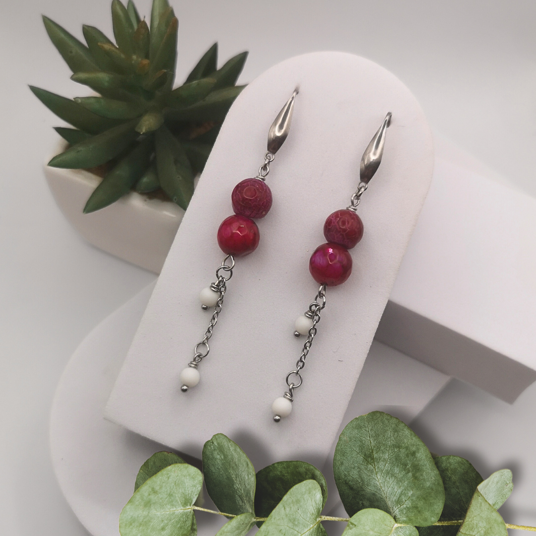 Red Agate And Natural White Stone Stainless Steel Dangle Earrings