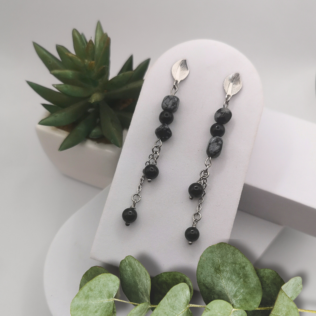 Snowflake Obsidian Stainless Steel Dangle Earrings