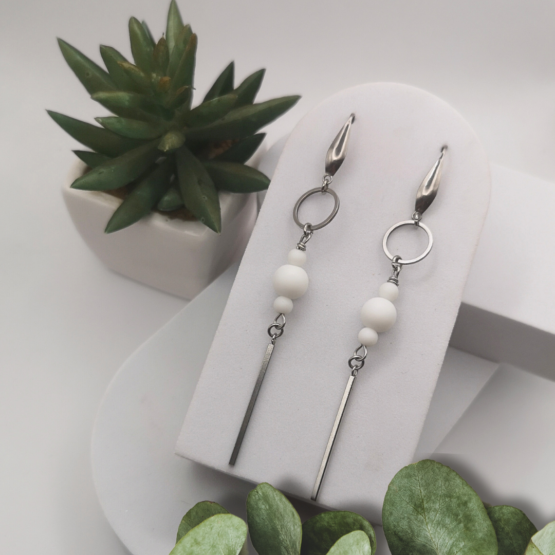 Natural White Stone Stainless Steel Dangle Earrings