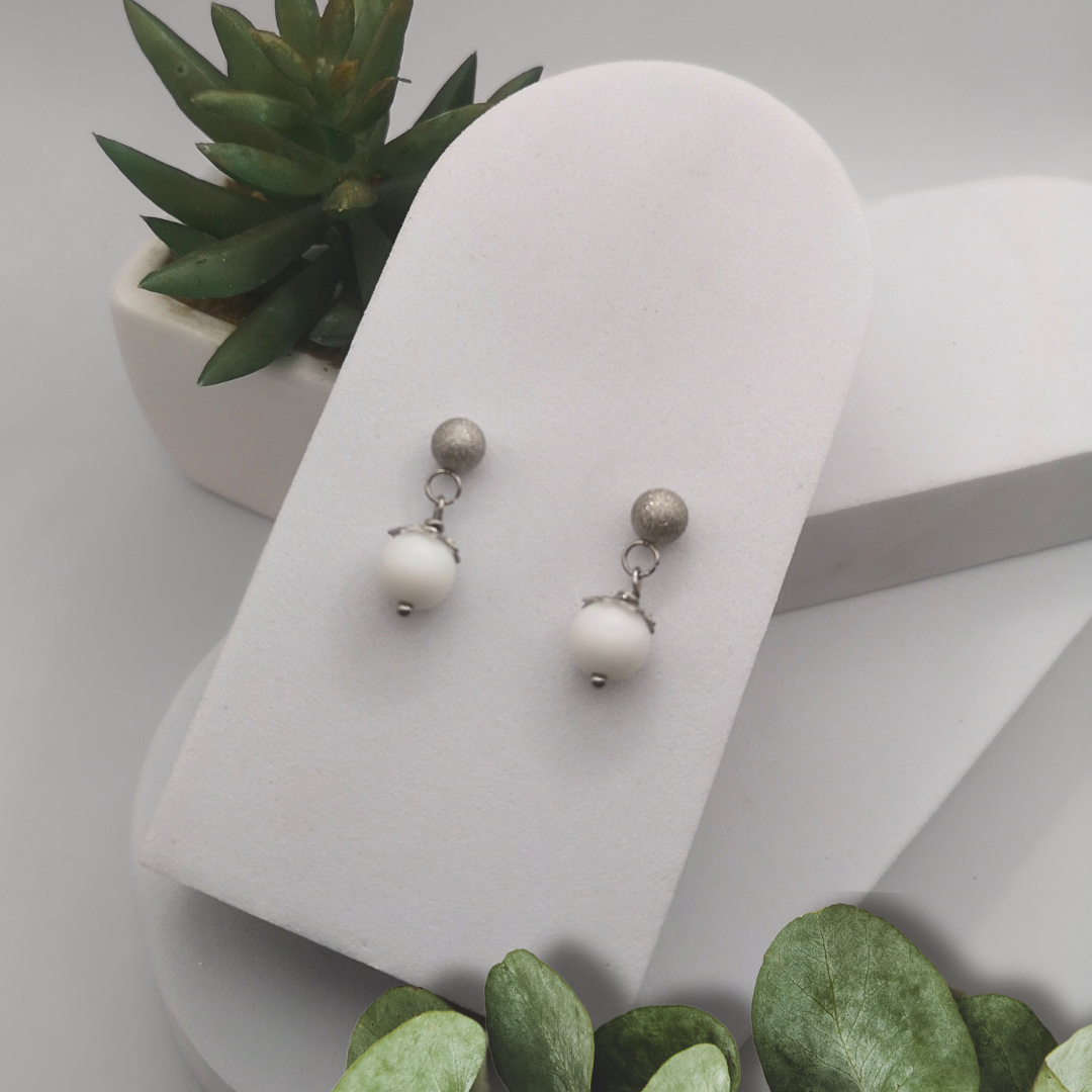 Natural White Stone Stainless Steel Drop Earrings