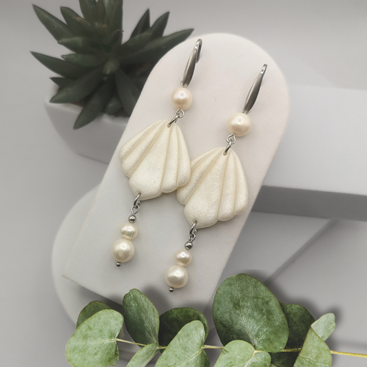 White Satin Polymer Clay And Freshwater Pearls Stainless Steel Dangle Earrings