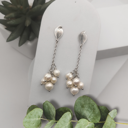 White Freshwater Pearl Cluster Stainless steel dangle Earrings