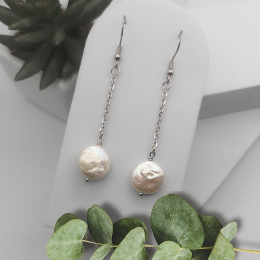 White Freshwater Baroque Coin Pearl Dangle Earrings