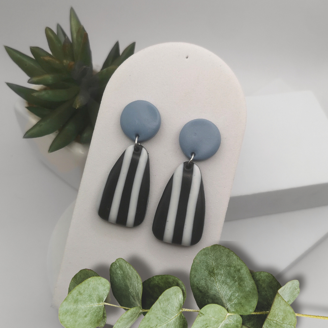 Black And White Striped Polymer Clay Drop Earrings