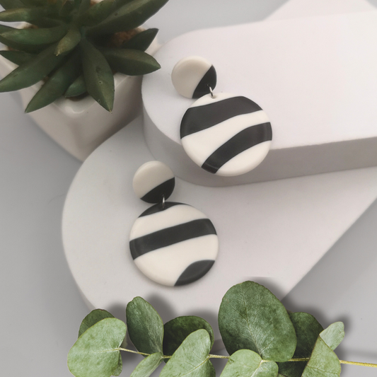 Black and White Stripes Polymer Clay Round Earrings.