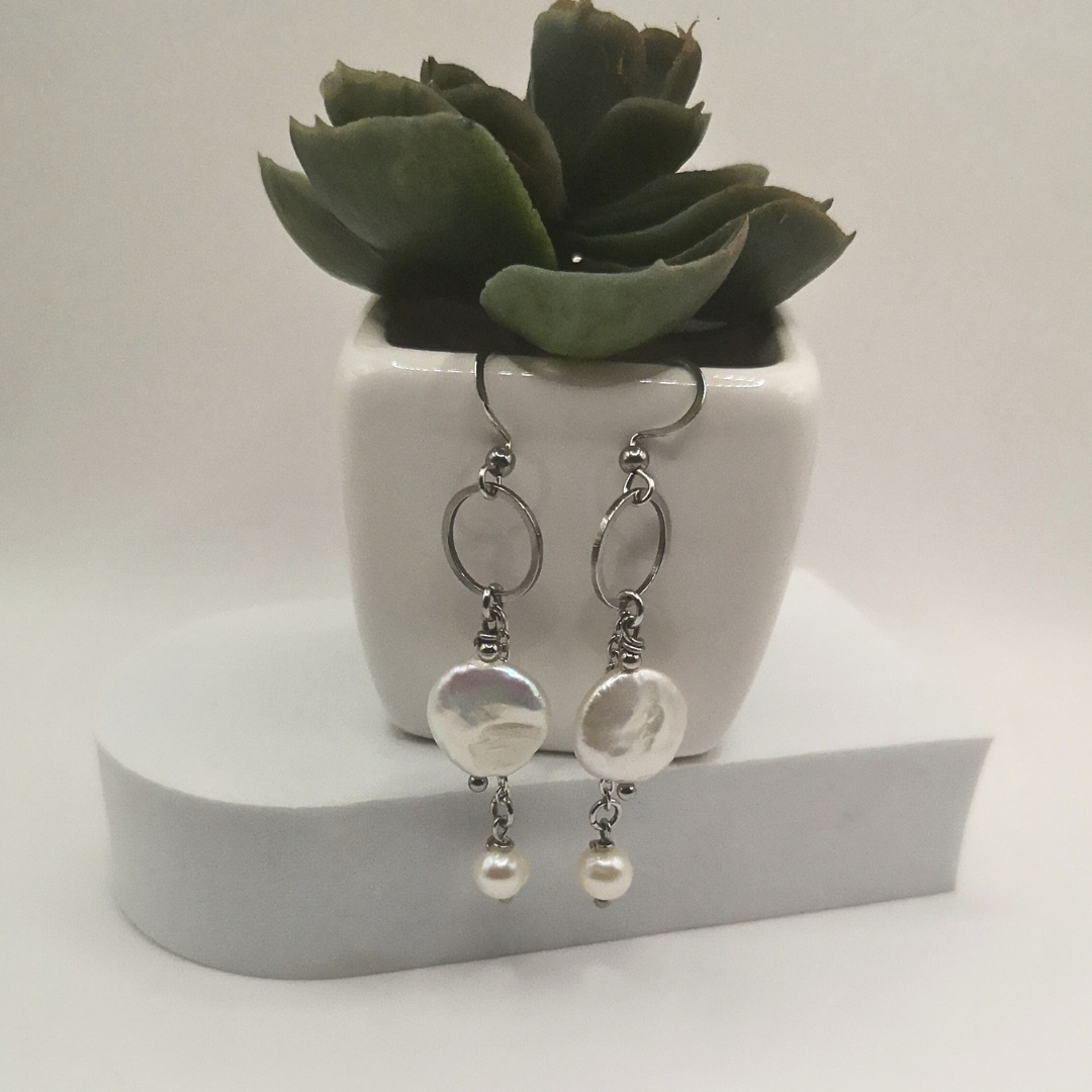 White Freshwater Coin Pearl Stainless Steel Earrings