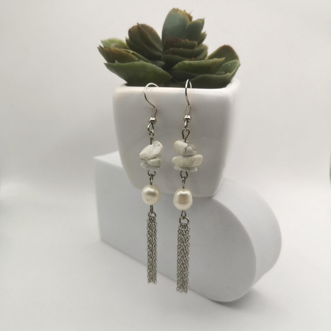 White Freshwater Pearl And Howlite Stainless Steel Dangle Earrings