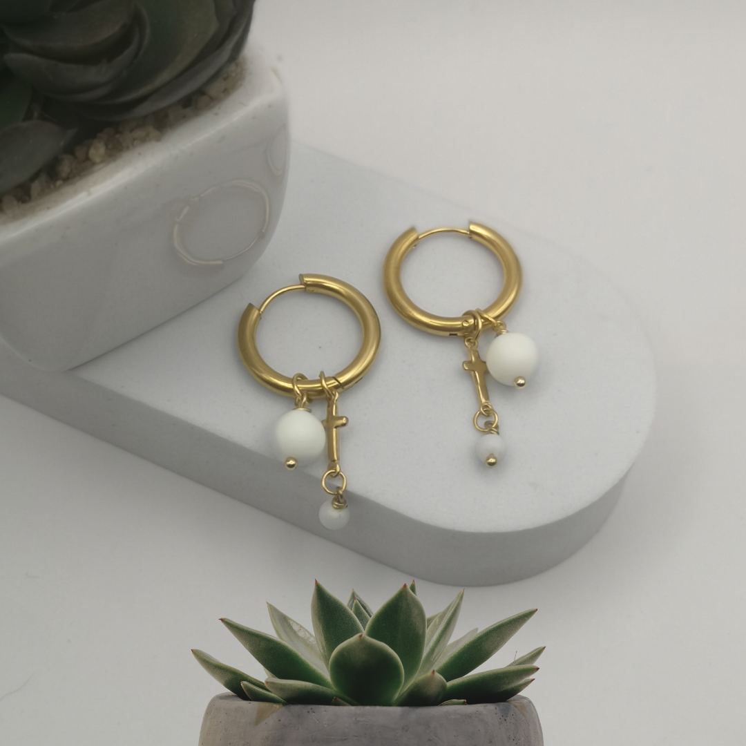 Gold Stainless Steel Hoop Earrings With White Onyx