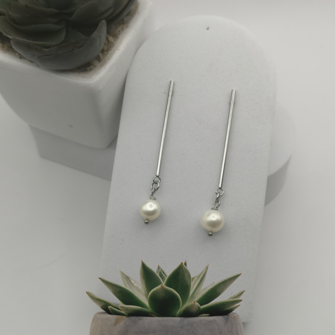 White Freshwater Pearl Stainless Steel Bar Drop Earrings