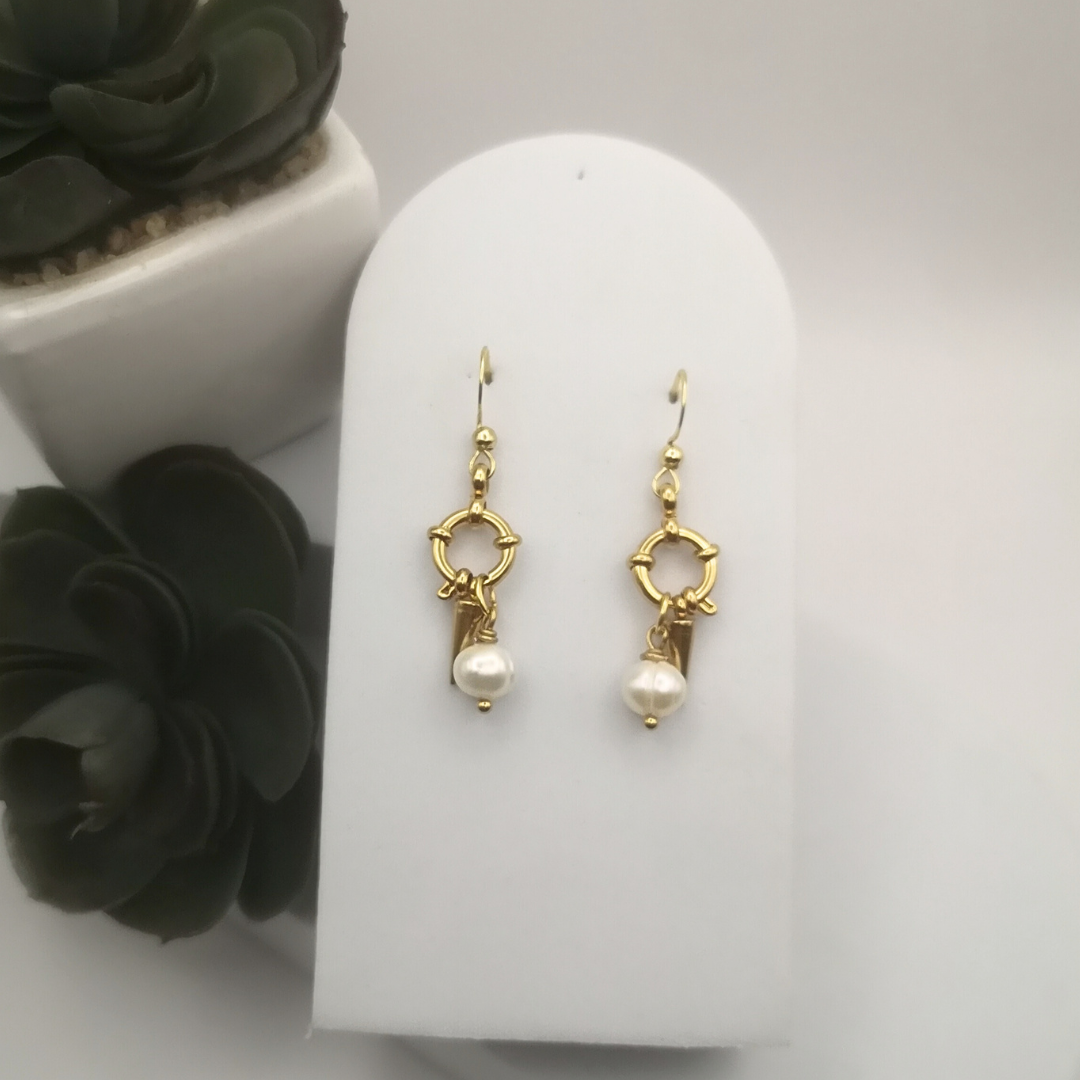 Gold Stainless Steel White Freshwater Pearl Earrings