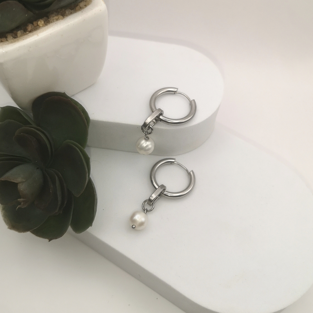 White Freshwater Pearl Stainless Steel Hoop Earrings