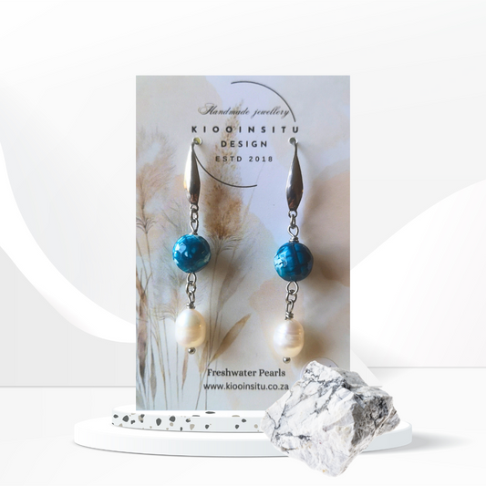 White Freshwater Pearl And Blue Agate Drop Earrings