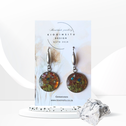 Crushed Multi Color Gemstones Stainless Steel Drop Earrings