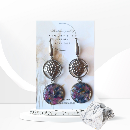 Crushed Multi Color Agate Stainless Steel Dangle Earrings