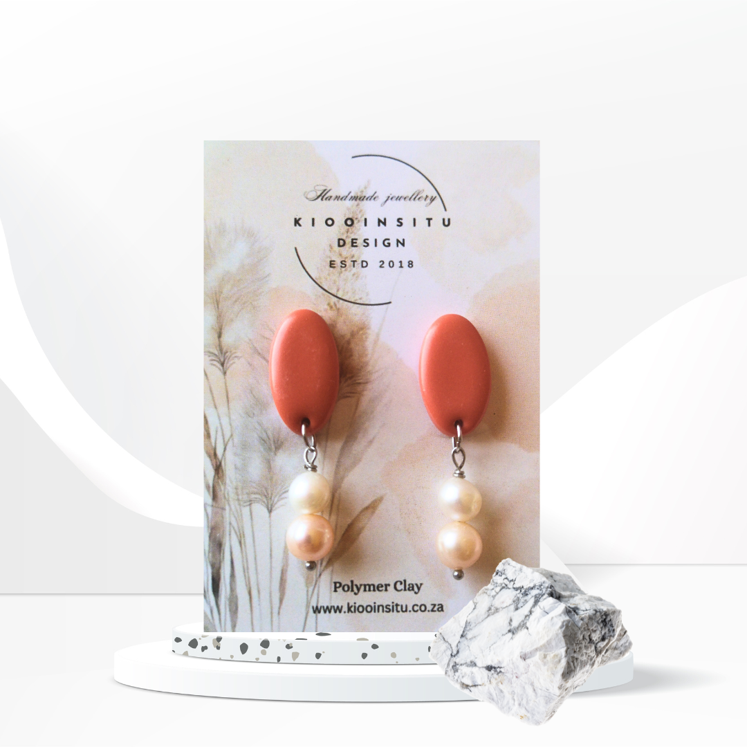 Orange Oval Polymer Clay Drop Earrings with 8mm Freshwater Pearls