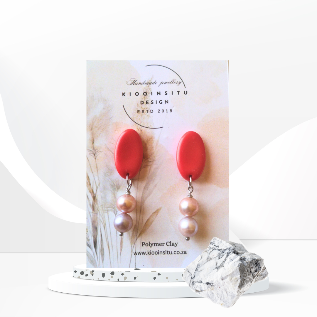 Red Oval Polymer Clay Drop Earrings with 8mm Freshwater Pearls