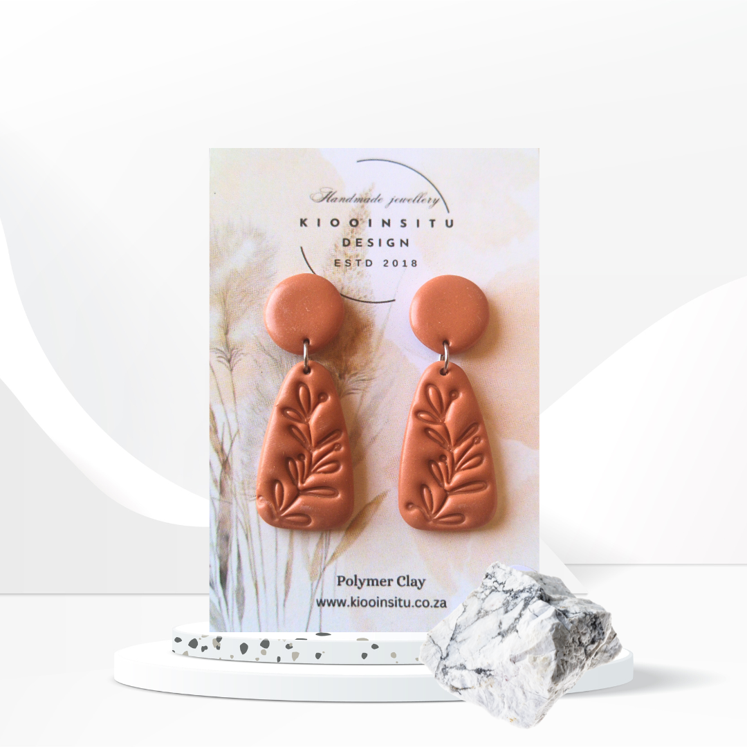 Terracotta Polymer Clay Earrings with Embossed Leaf Design