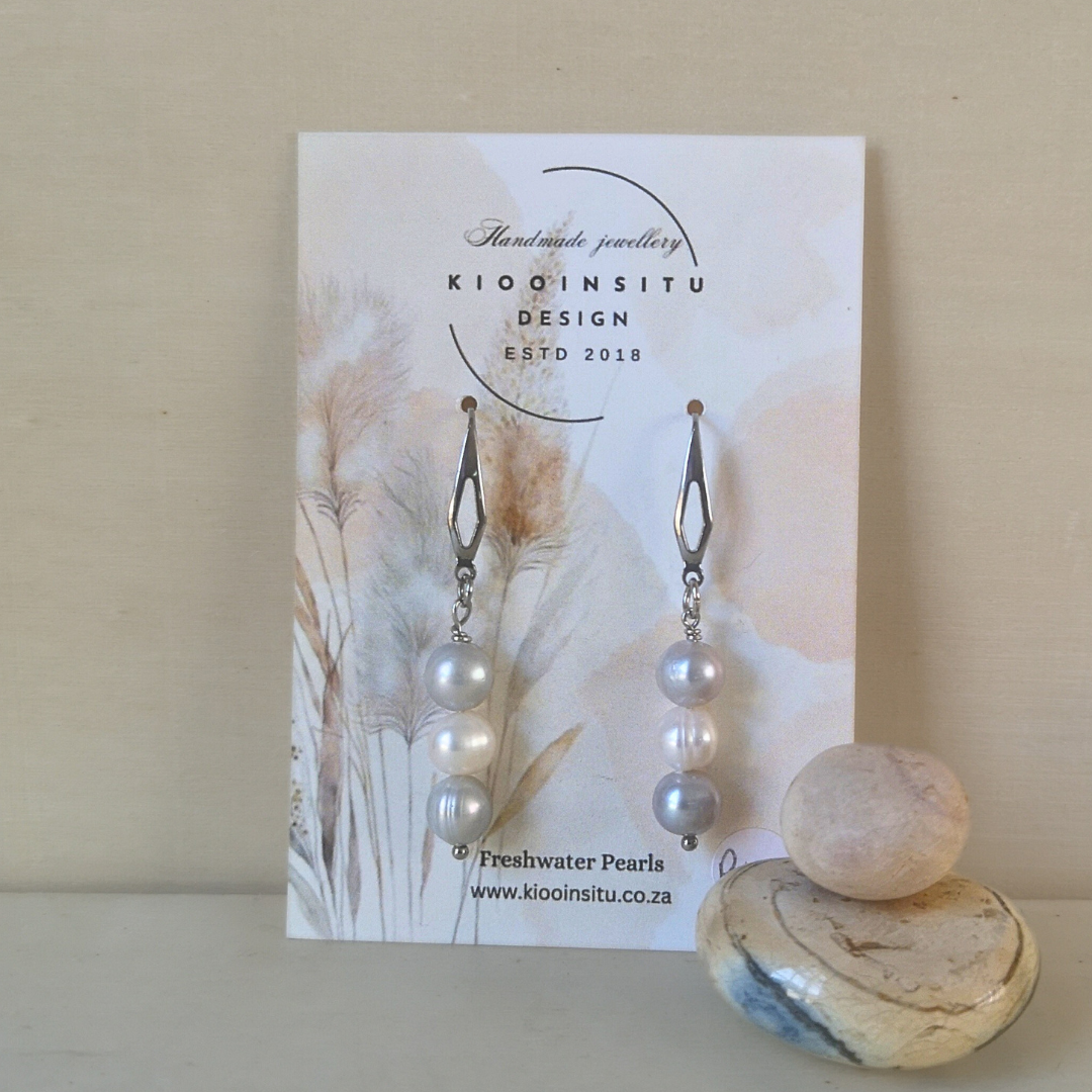 Silver And White Freshwater Pearl Stainless Steel Drop Earrings