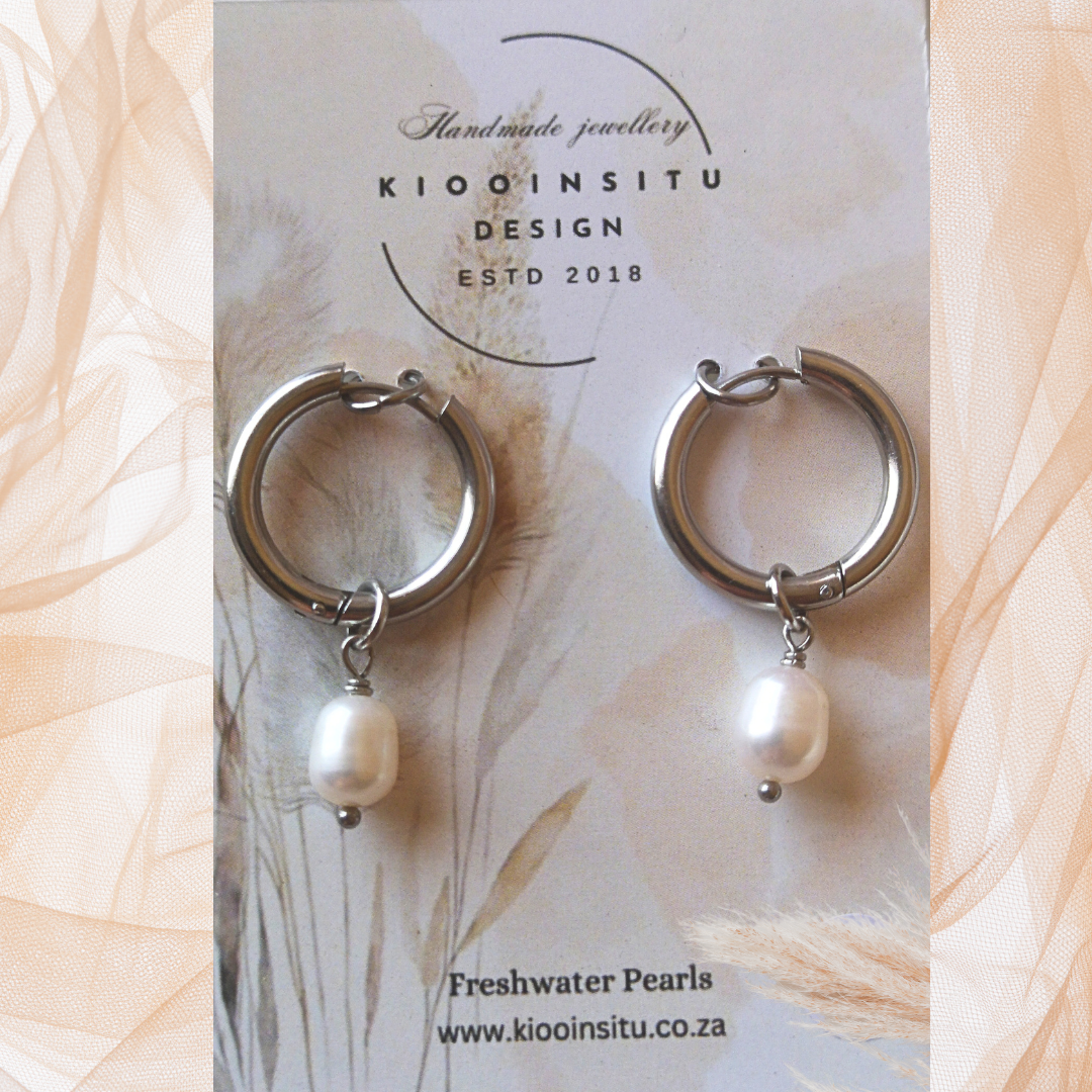 White Freshwater Pearl Stainless Steel Hoop Earrings