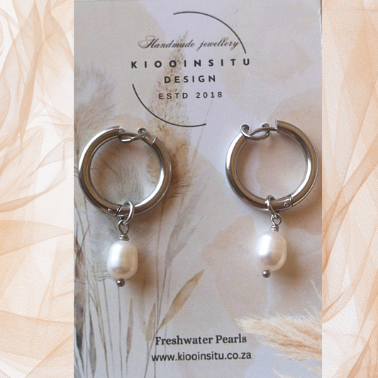 White Freshwater Pearl Stainless Steel Hoop Earrings