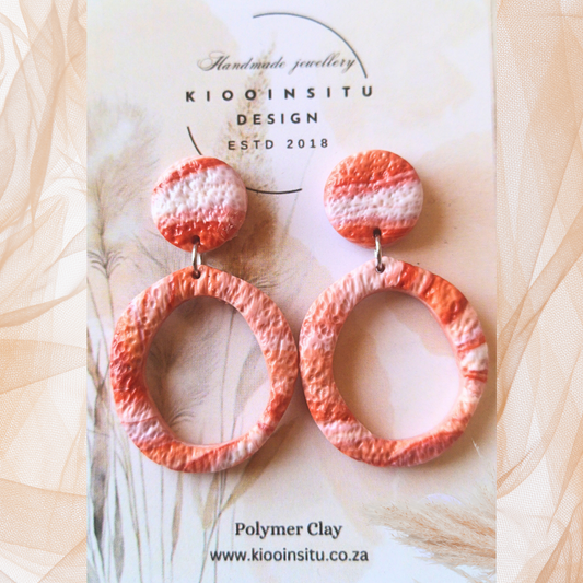 Warm Coral and White Polymer Clay Hoop Earrings