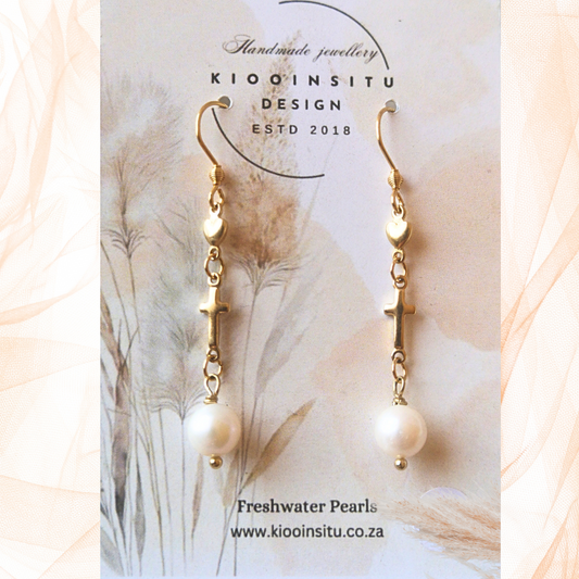 Golden Stainless Steel White Freshwater Pearl Earrings.