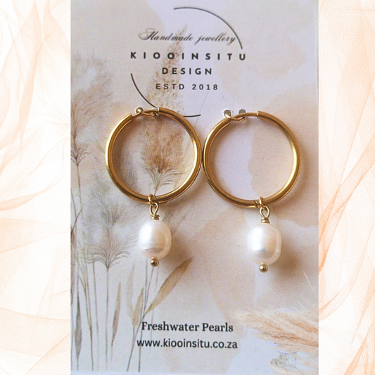 Golden Stainless Steel White Freshwater Pearl Hoop Earrings