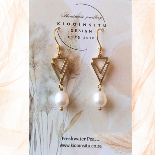 Golden Stainless Steel White Freshwater Pearl Earrings.