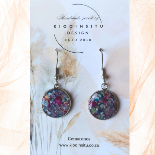 Crushed Multi color Agate Stainless Steel Drop Earrings