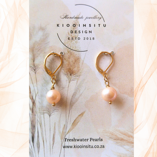 Gold Stainless Steel Drop Earrings with Peach Freshwater Pearls