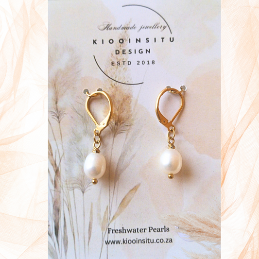 Gold Stainless Steel Drop Earrings with White Freshwater Pearls