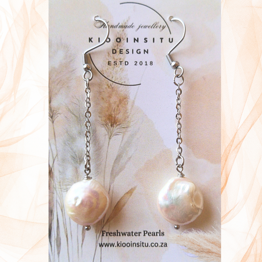 White Freshwater Coin Pearl Stainless Steel Dangle Earrings