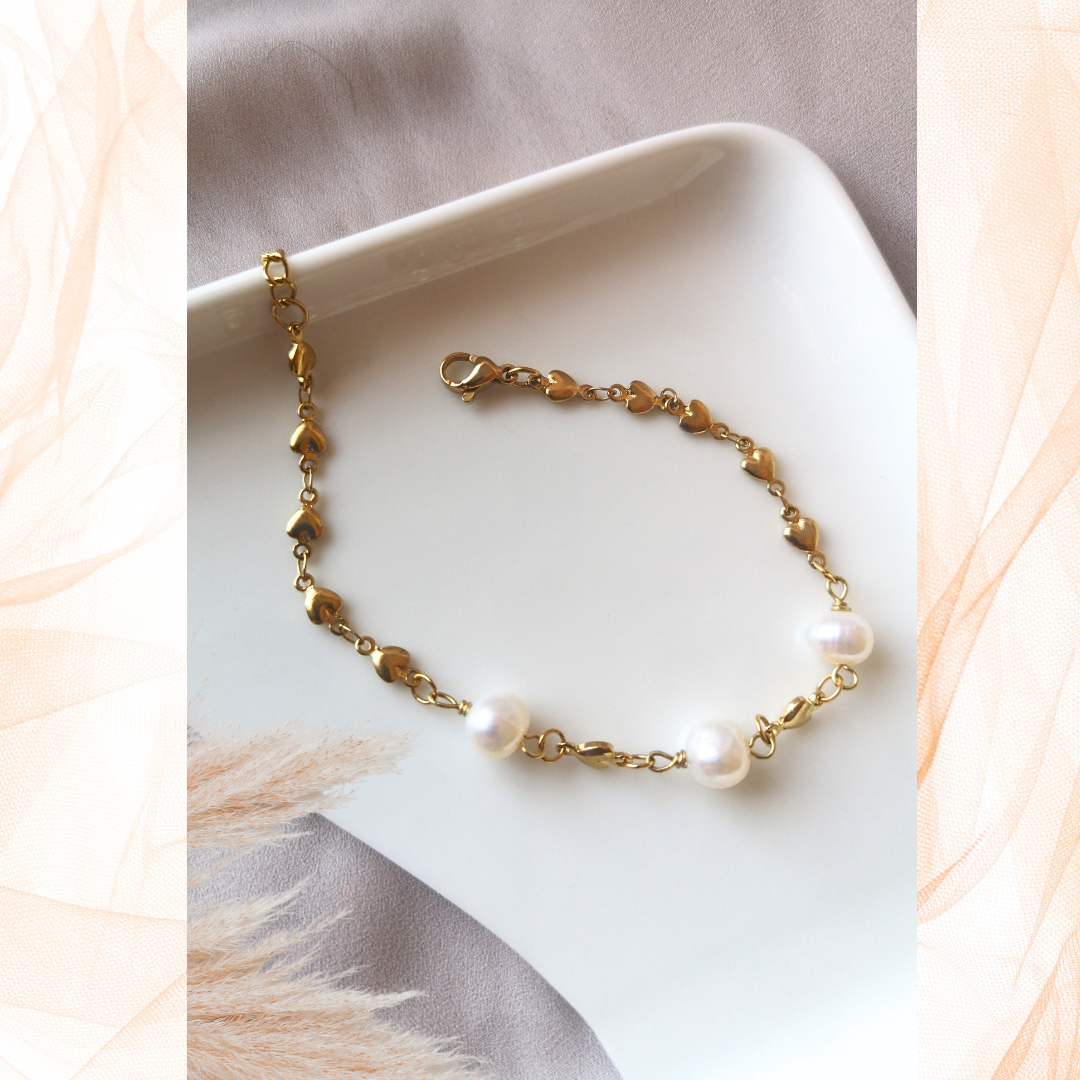 Golden Stainless Steel Bracelet with White Freshwater Pearls