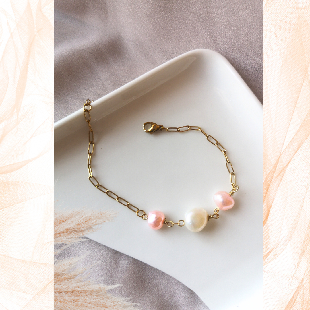 Freshwater Pink and White Pearls Golden Stainless Steel Bracelet