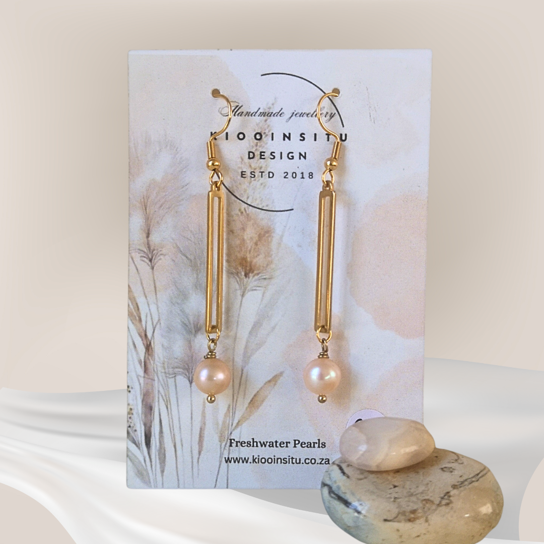 Golden Stainless Steel Freshwater Pearl Dangle Earrings