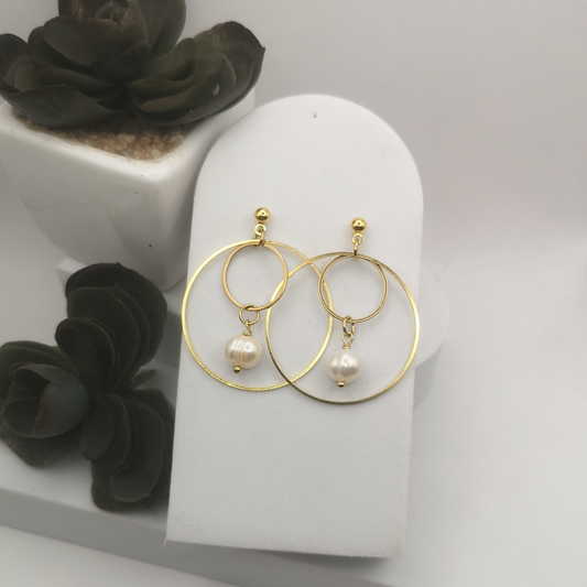 White Freshwater Pearl Gold Stainless Steel Earrings