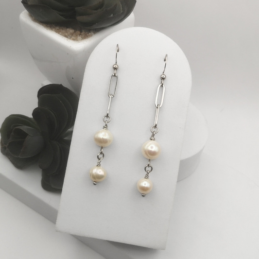 Elegant Stainless Steel Freshwater Pearl Paper Clip Dangle Earrings