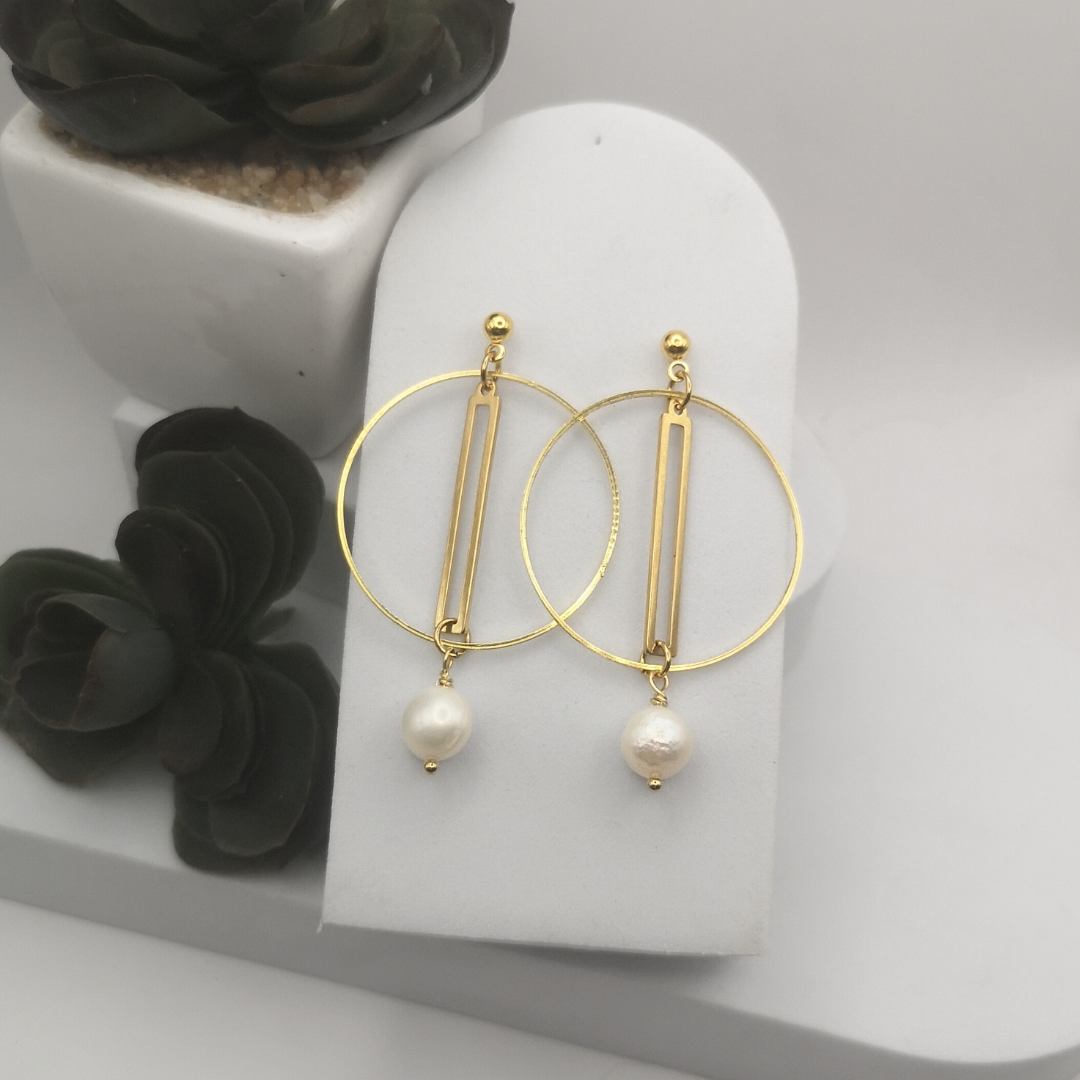 White Freshwater Pearl Gold Stainless Steel Earrings