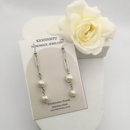 Elegant Stainless Steel Freshwater Pearl Paper Clip Dangle Earrings