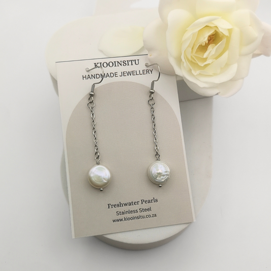 White Freshwater Coin Pearl Stainless Steel Dangle Earrings