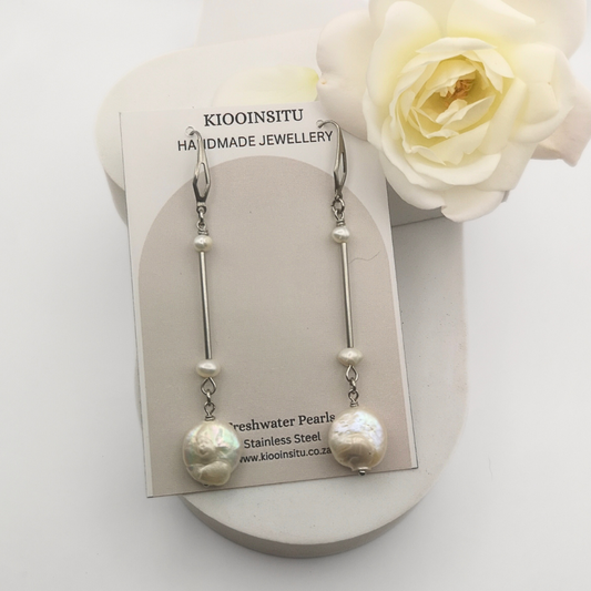 Stainless Steel Dangle Earrings with Baroque Coin Pearls