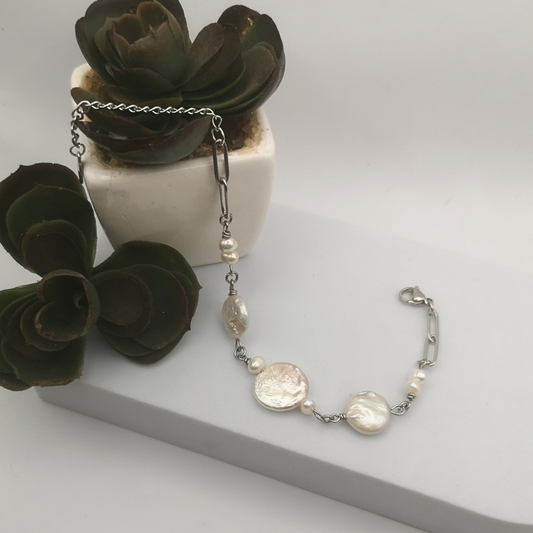 Elegant Stainless Steel Bracelet with Freshwater Coin Pearls
