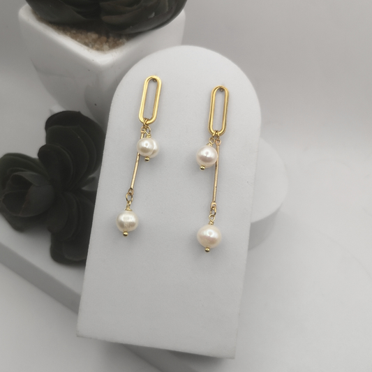 Elegant Gold Stainless Steel Dangle Earrings with Freshwater Pearls